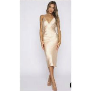 White Fox Bodycon Midi Slip Dress in Champagne Gold - Large